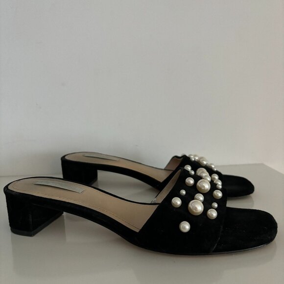 Black Suede Mule Heels with Pearls - Picture 1 of 4